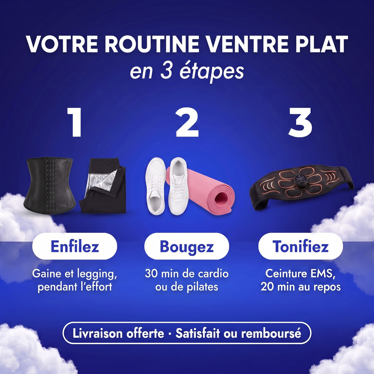 Routine ventre plat en 3 étapes : gaine et legging, cardio, ceinture EMS