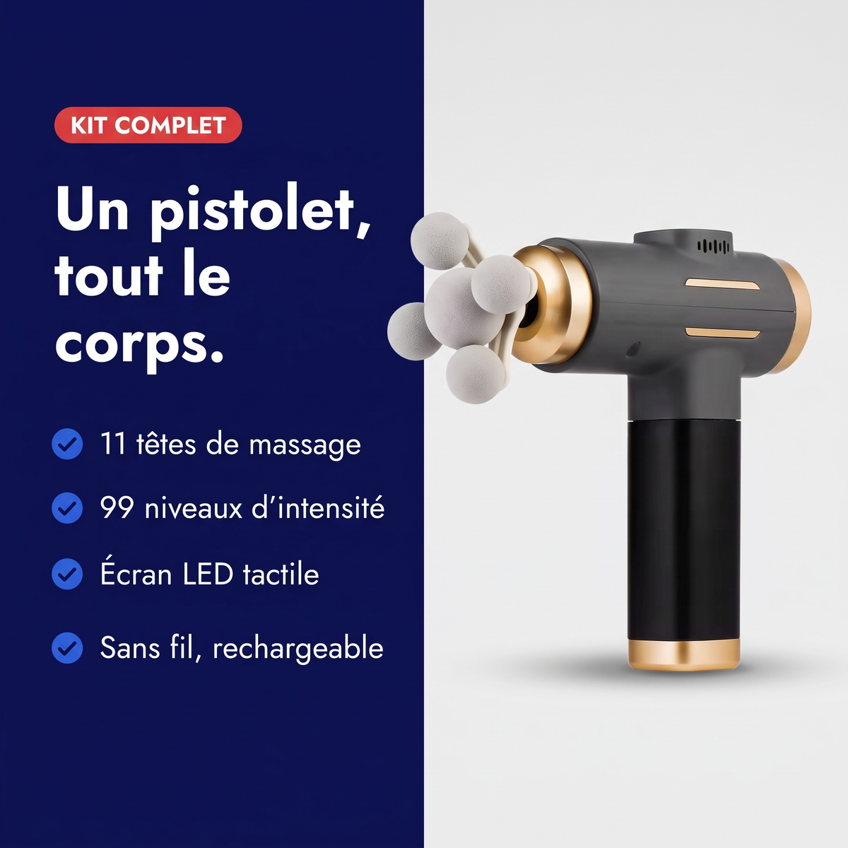 Bénéfices du pistolet de massage : 11 têtes, 99 niveaux d'intensité, écran LED tactile, sans fil