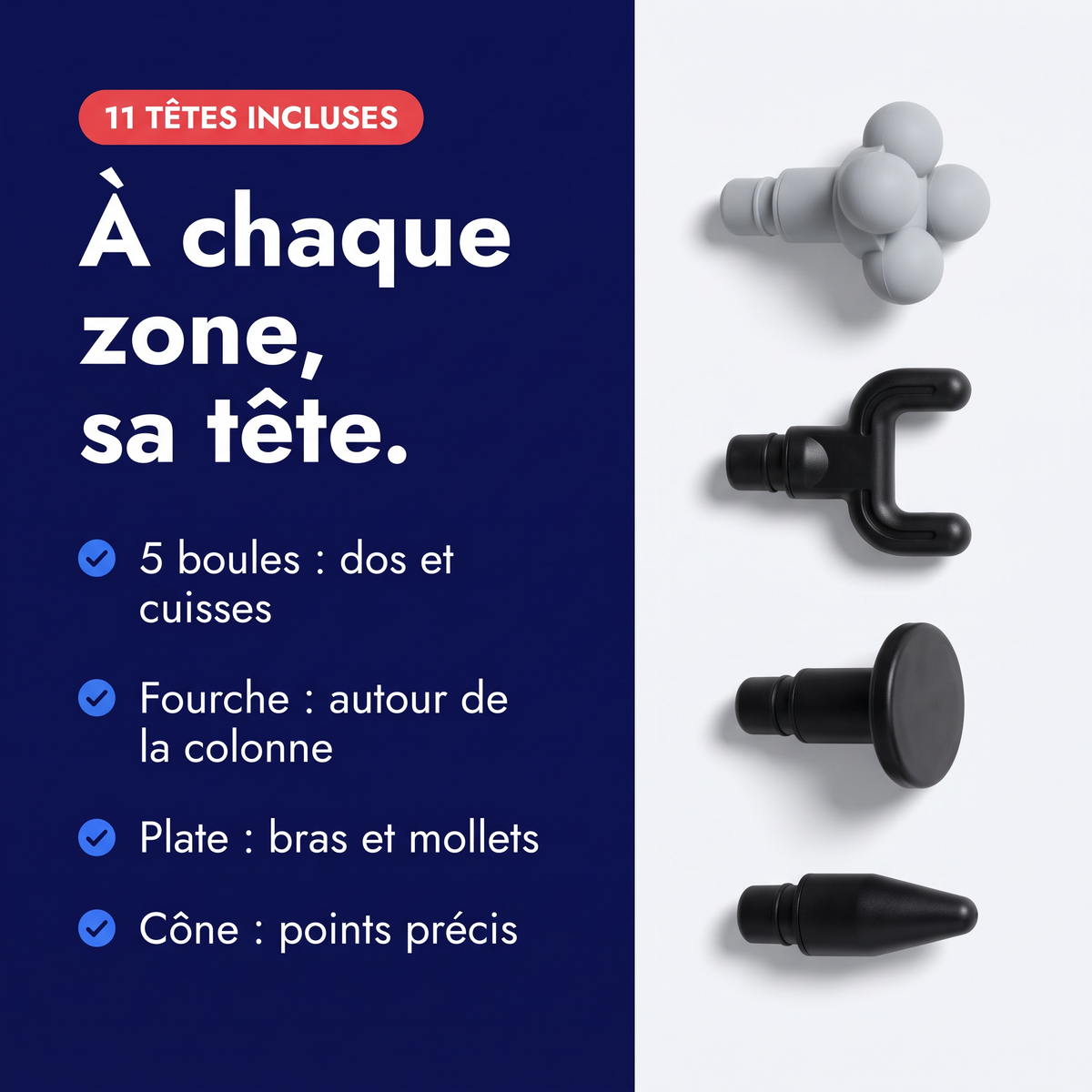 Guide des têtes du pistolet de massage : 5 boules, fourche, plate et cône selon la zone