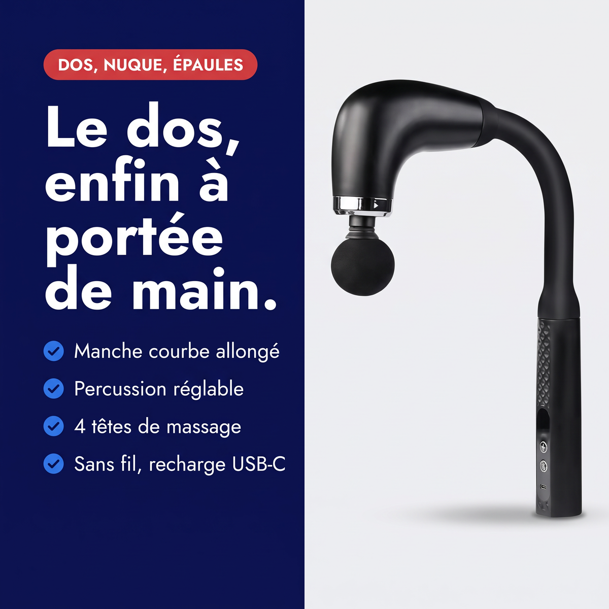 Bénéfices du pistolet de massage à manche courbe : percussion réglable, 4 têtes, sans fil USB-C