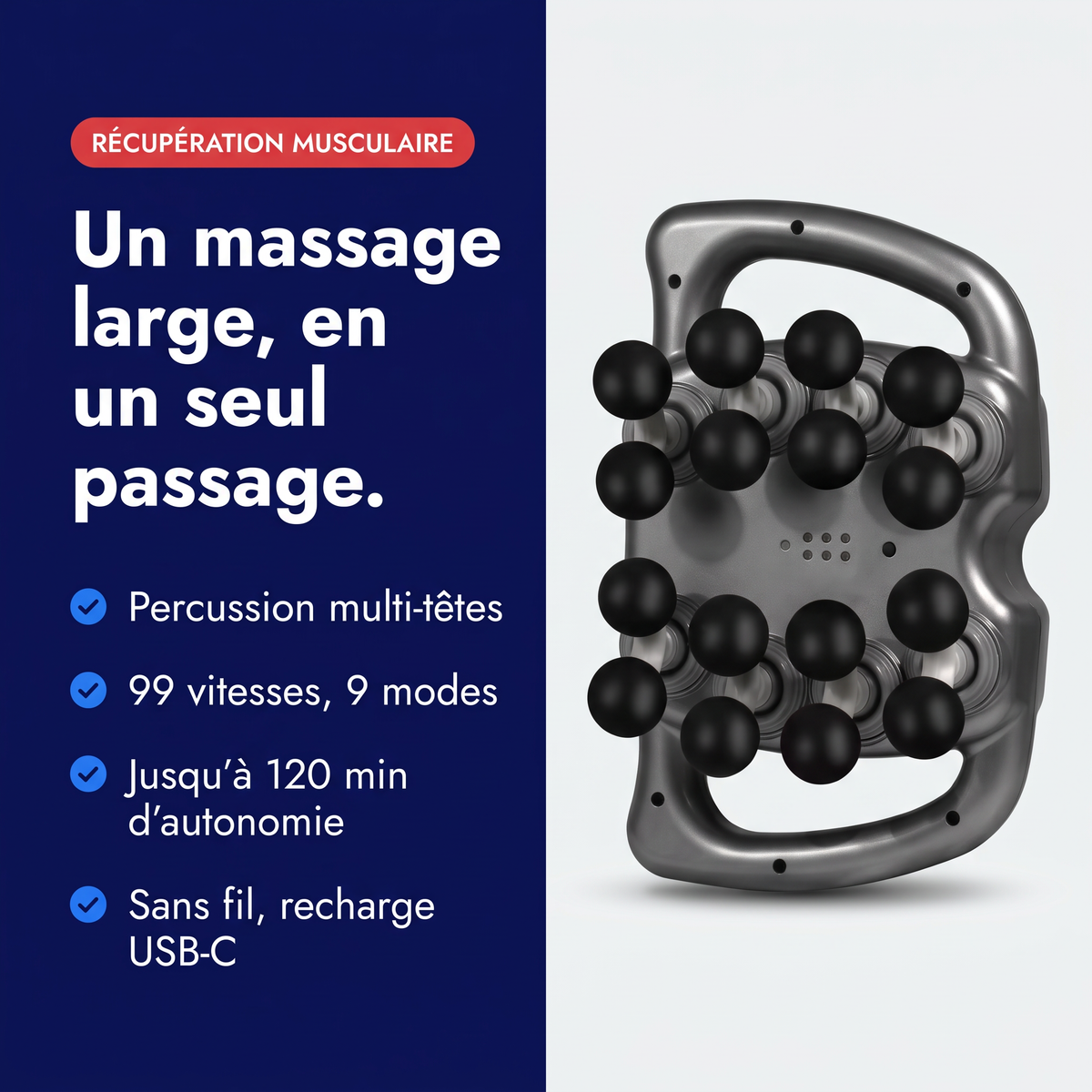 Bénéfices du pistolet de massage multi-têtes : 99 vitesses, 9 modes, 120 min d'autonomie, USB-C