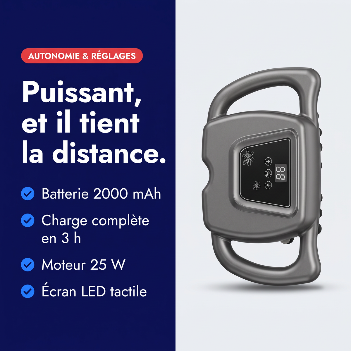 Fiche technique du pistolet de massage multi-têtes : batterie 2000 mAh, charge 3 h, moteur 25 W, écran LED