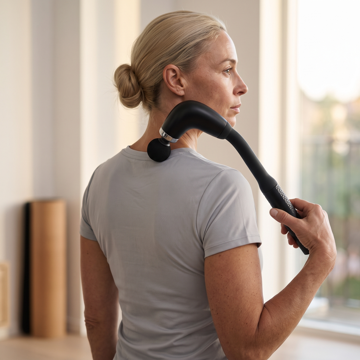 Femme utilisant le pistolet de massage à manche courbe sur ses trapèzes après le sport