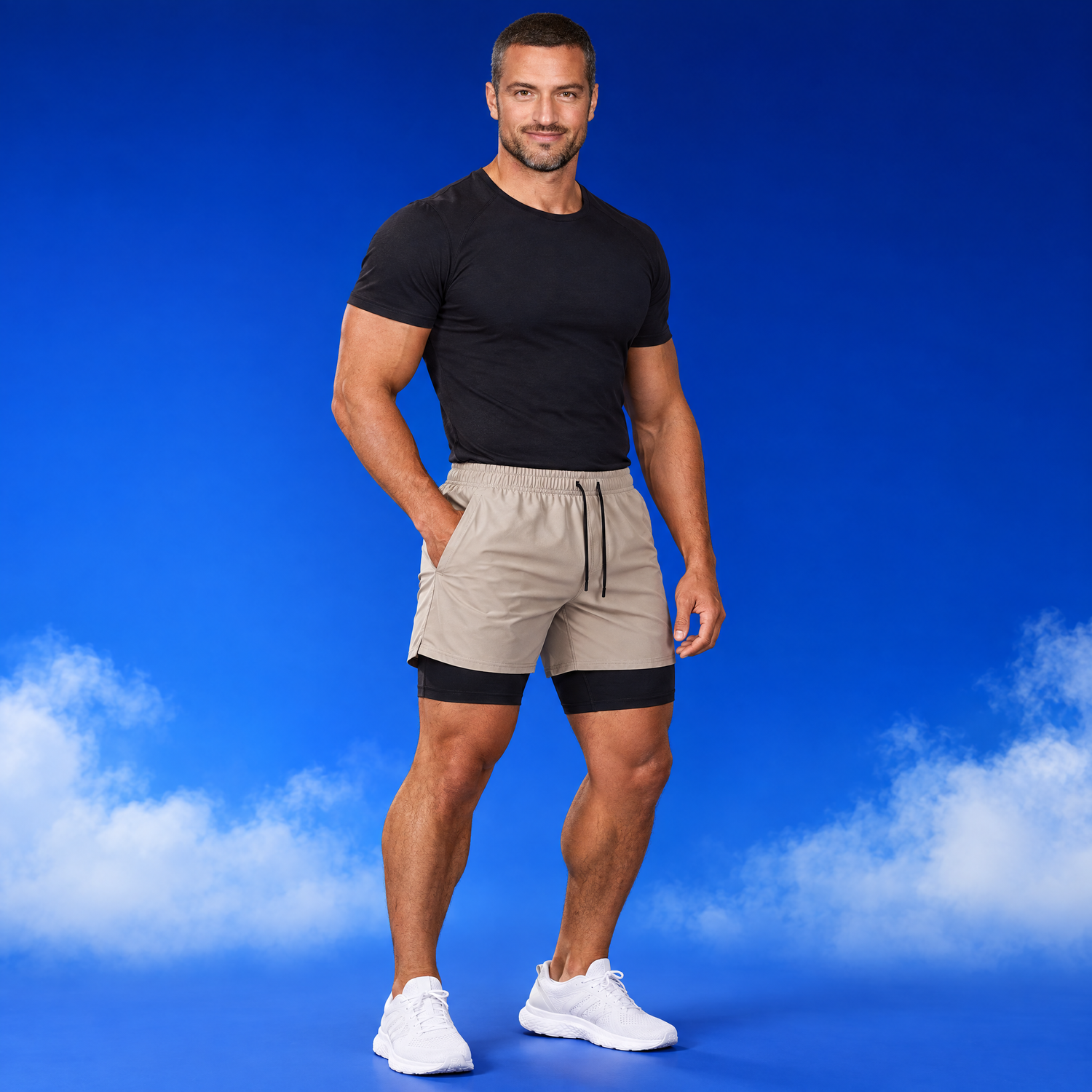 Short 2-en-1 homme avec doublure porté de face — Le Sport Français