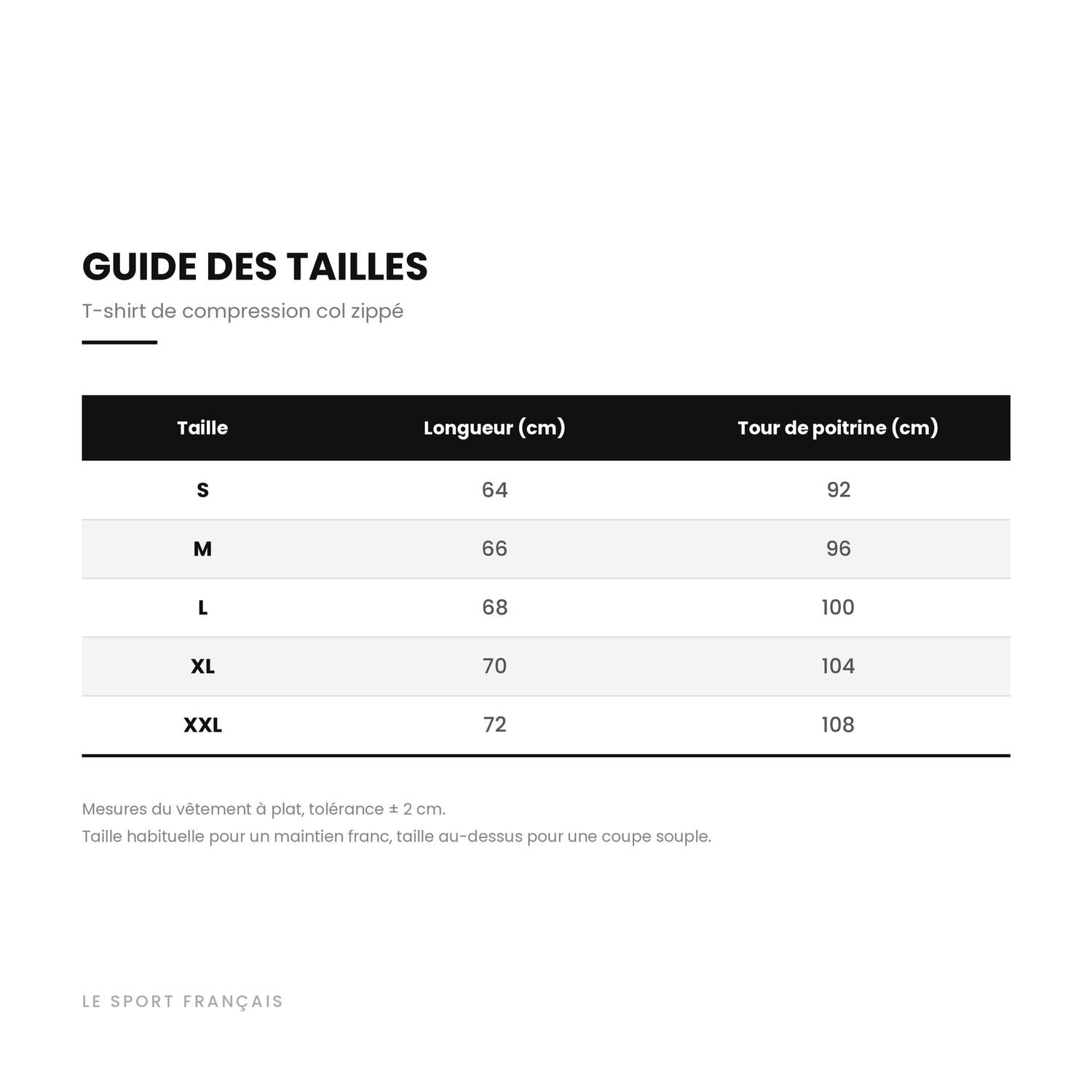 Guide des tailles du t-shirt de compression col zippé, du S au XXL