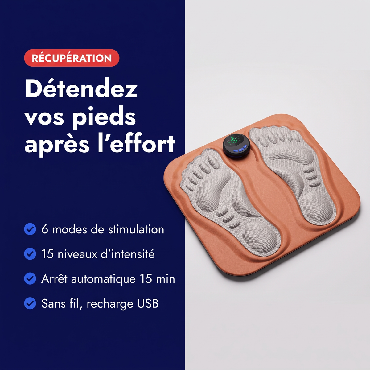Bénéfices du tapis de massage des pieds EMS : 6 modes, 15 niveaux d'intensité, arrêt automatique 15 min, recharge USB
