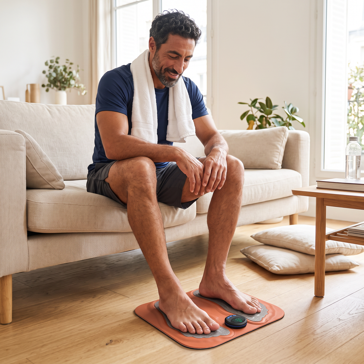 Homme assis sur son canapé, pieds nus sur le tapis de massage EMS après une séance de sport