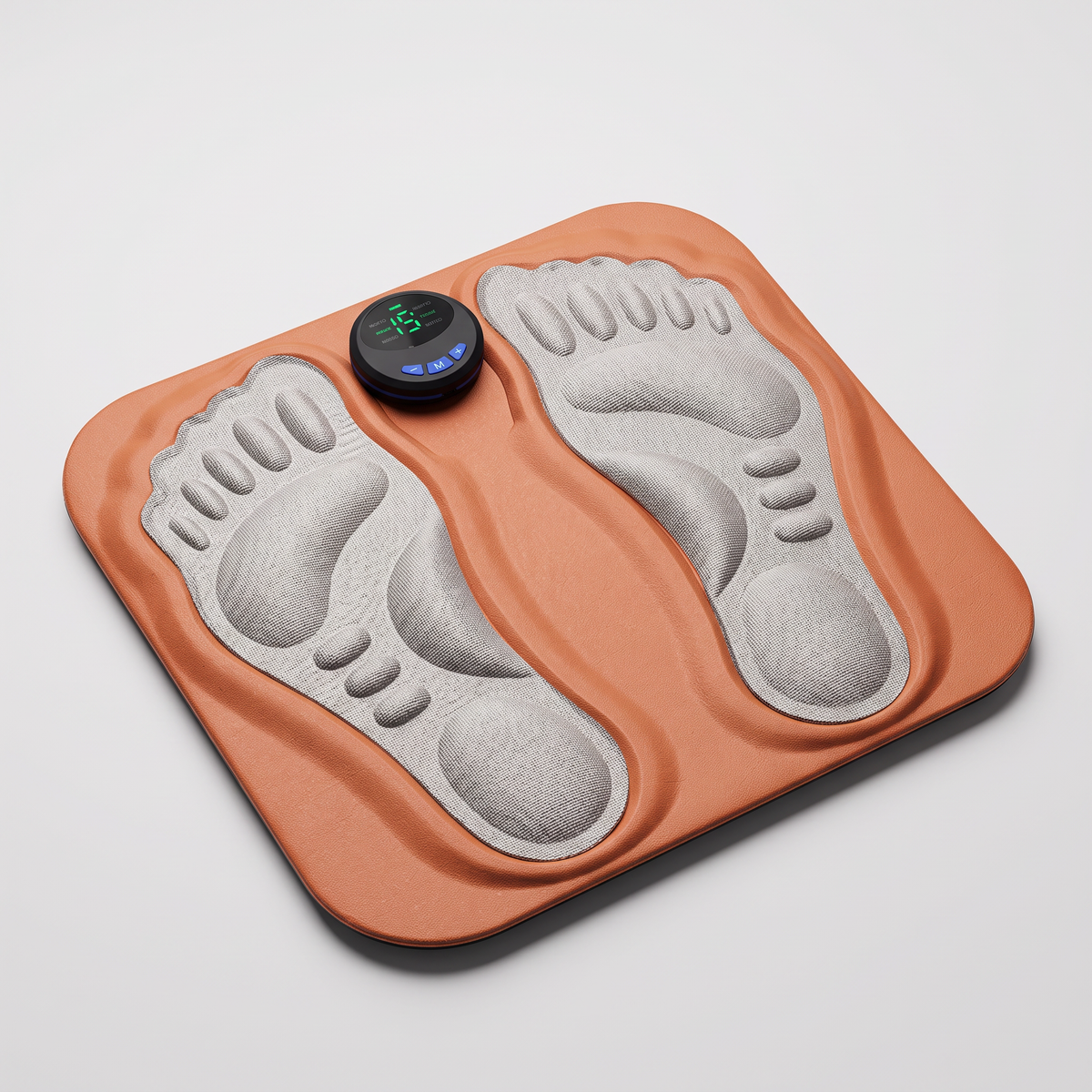 Tapis de massage des pieds EMS Le Sport Français, orange avec télécommande à écran LED, packshot sur fond gris