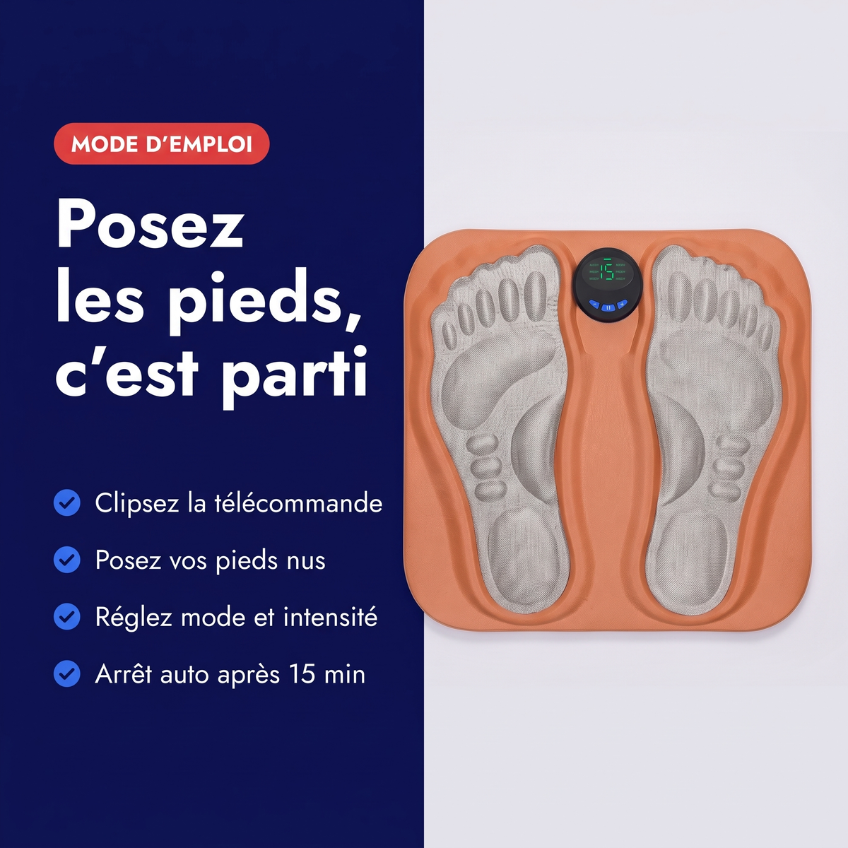 Mode d'emploi du tapis de massage EMS : clipser la télécommande, poser les pieds nus, régler mode et intensité
