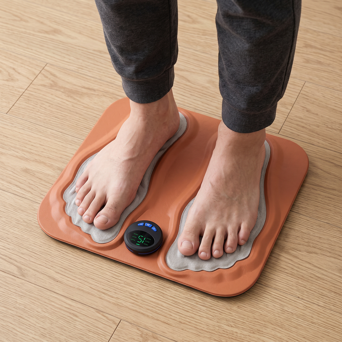 Pieds nus posés sur les empreintes en tissu conducteur du tapis de massage EMS, télécommande côté orteils