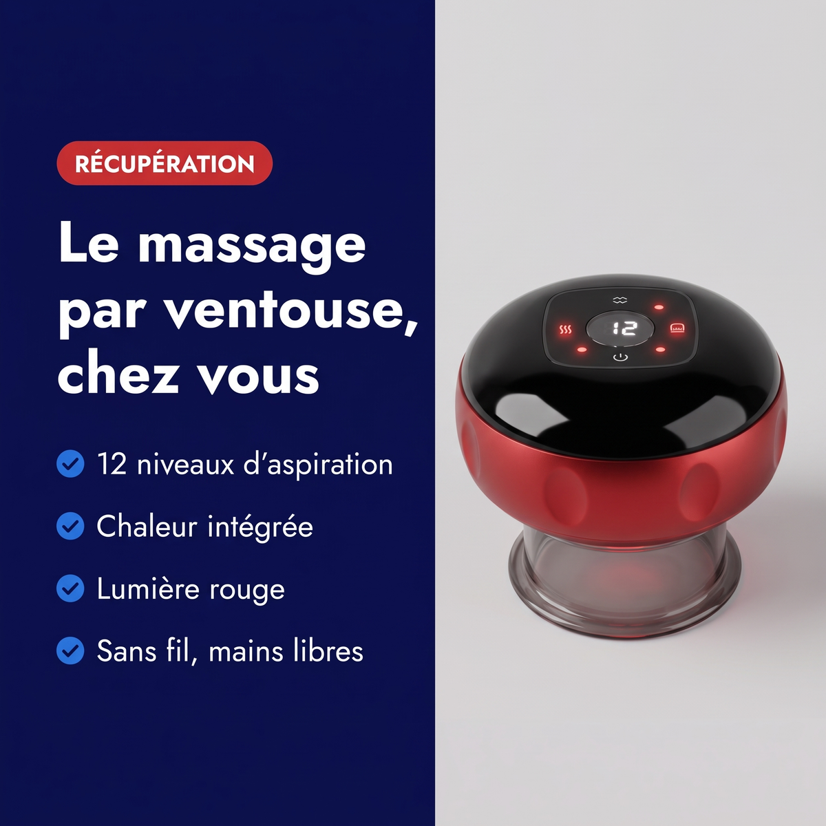 Bénéfices de la ventouse de massage électrique : 12 niveaux d'aspiration, chaleur intégrée, lumière rouge, sans fil