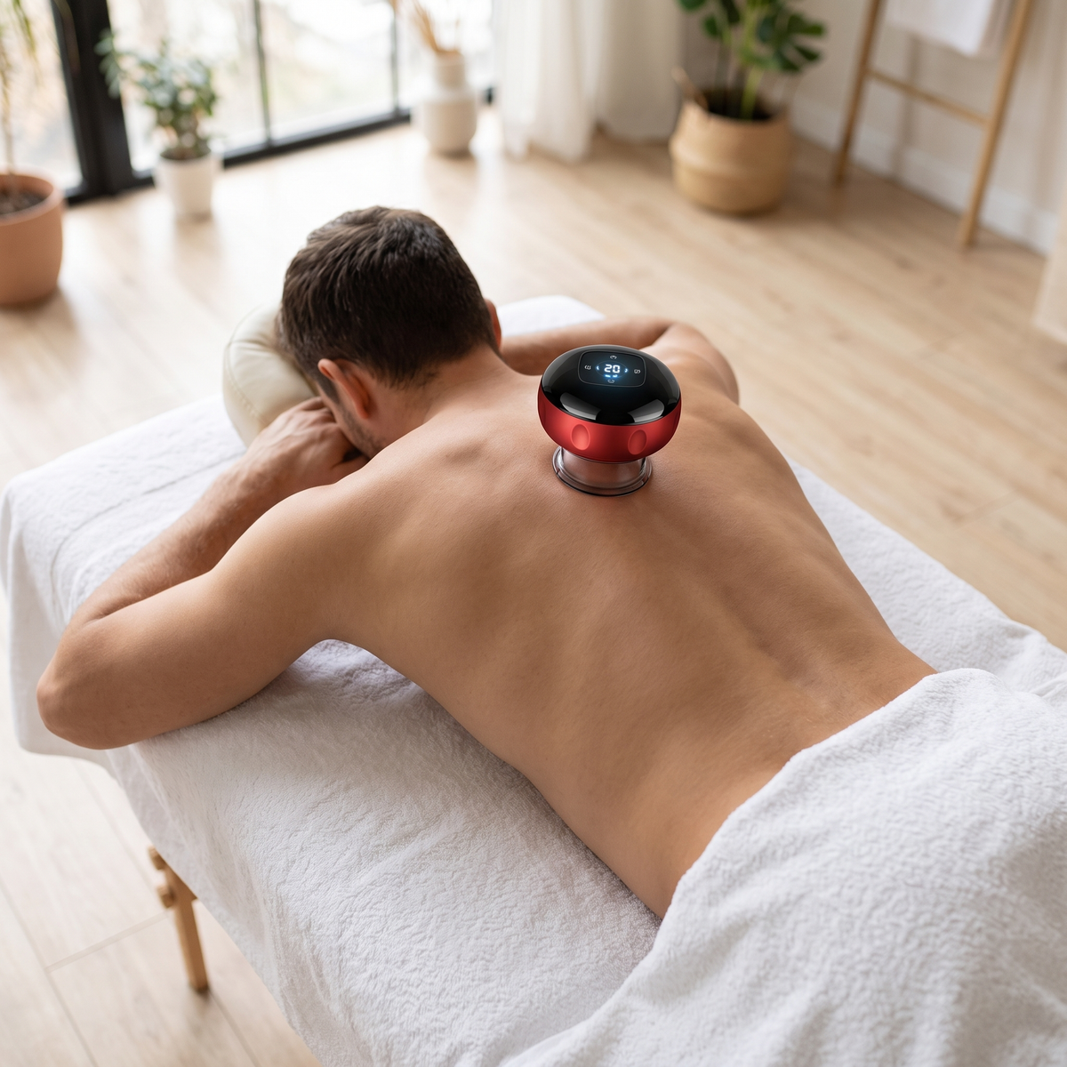 Ventouse de massage électrique posée sur le haut du dos, à côté de la colonne vertébrale