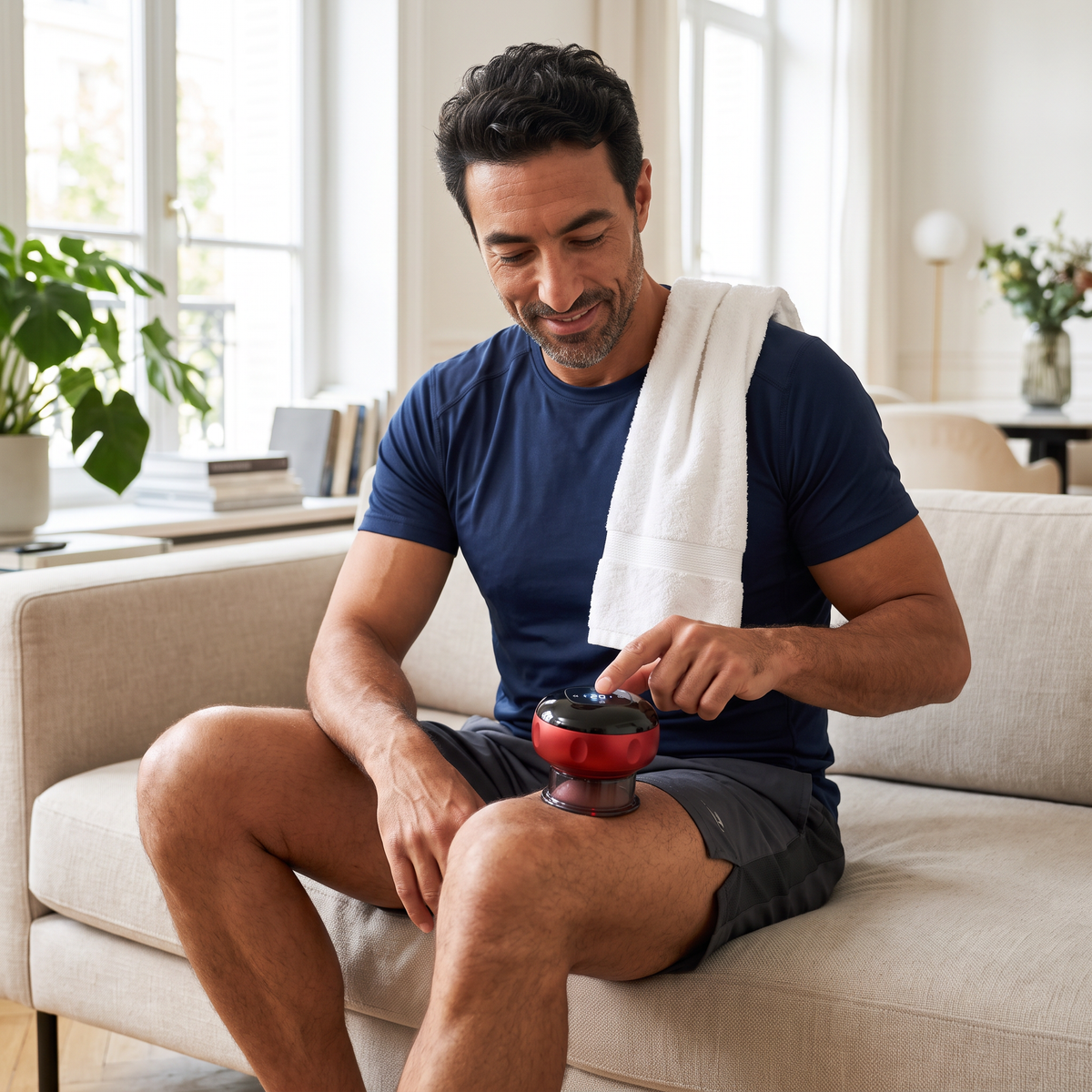 Homme utilisant la ventouse de massage électrique sur sa cuisse après une séance de sport