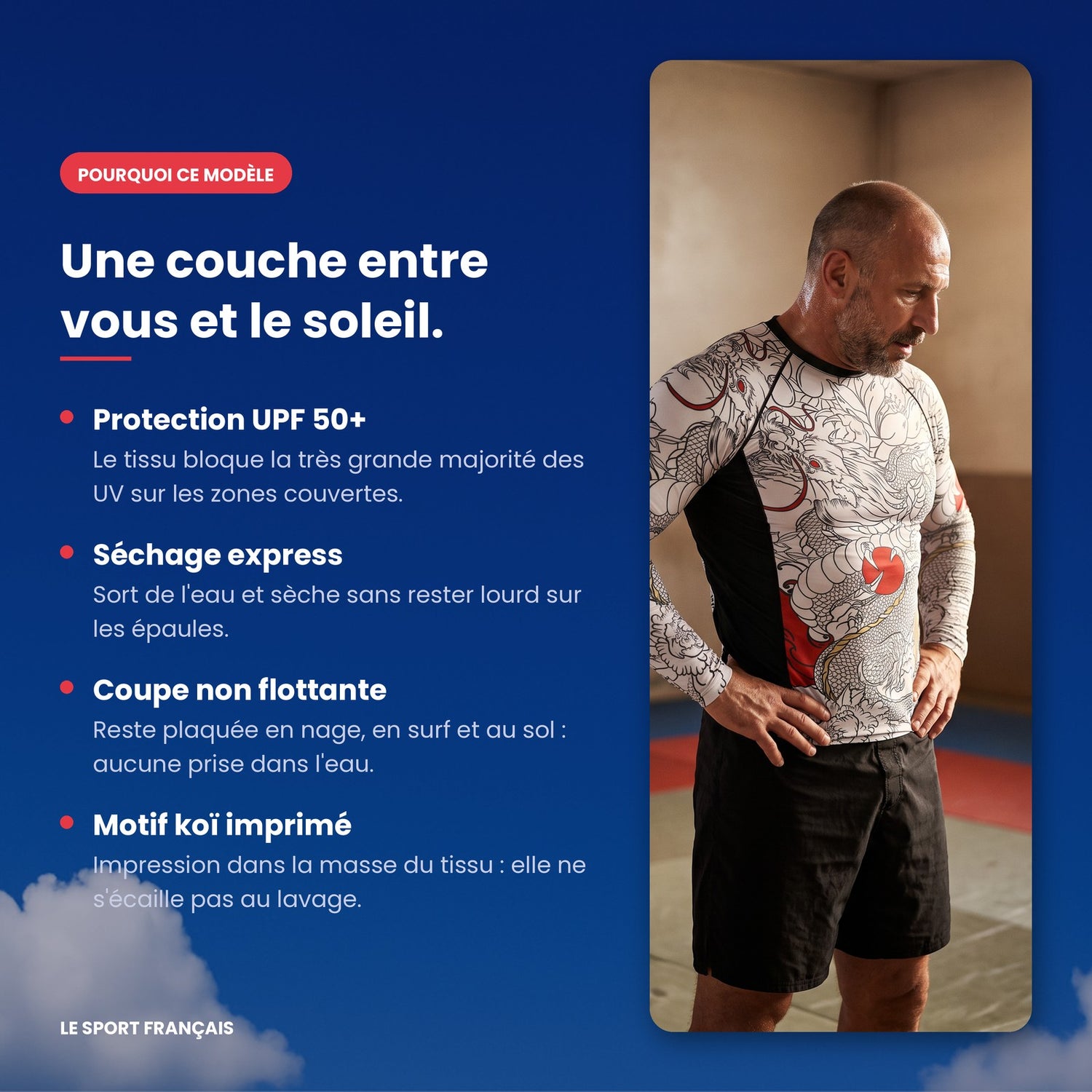 Points forts rashguard manches longues UPF 50 motif koi