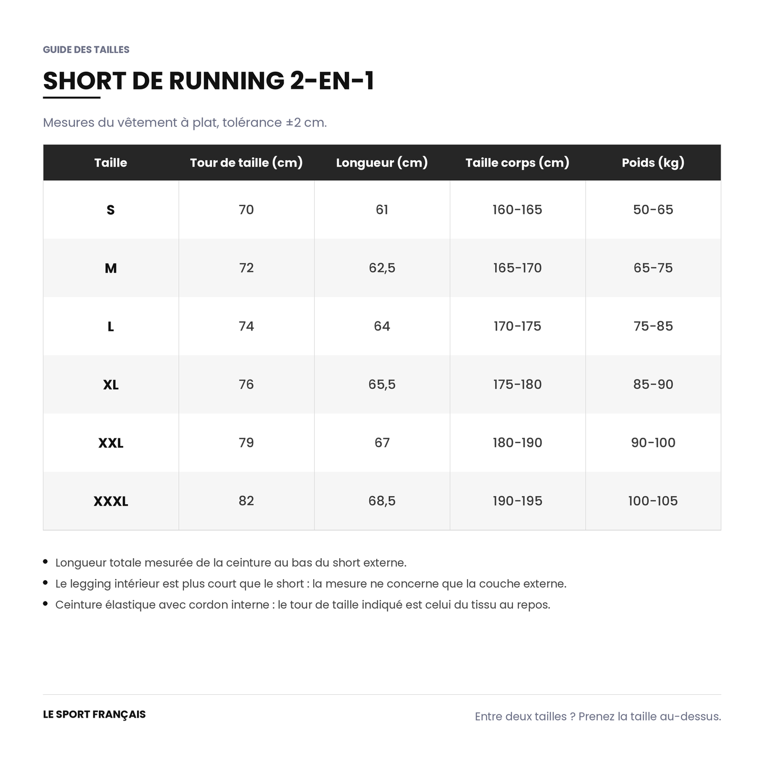 Guide des tailles du short de running 2-en-1